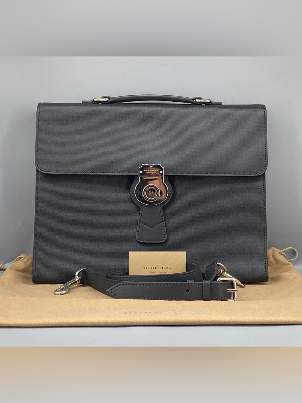 Burberry Black Textured Leather Briefcase Excellent Condition Authentic